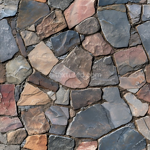Seamless 3D PBR Flagstone Rock Ground Texture with Multicolor Slate and Sandstone Pieces