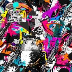 seamless Seamless 3D PBR Graffiti Texture Featuring Electric Guitars, Drum Set & Colorful Paint Splatters texture 8k free download PBR
