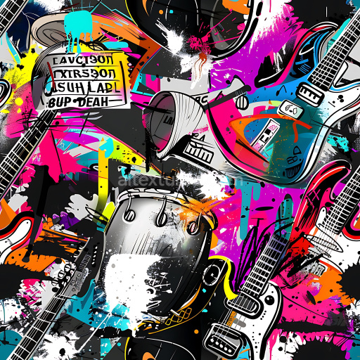 Seamless 3D PBR Graffiti Texture Featuring Electric Guitars, Drum Set & Colorful Paint Splatters