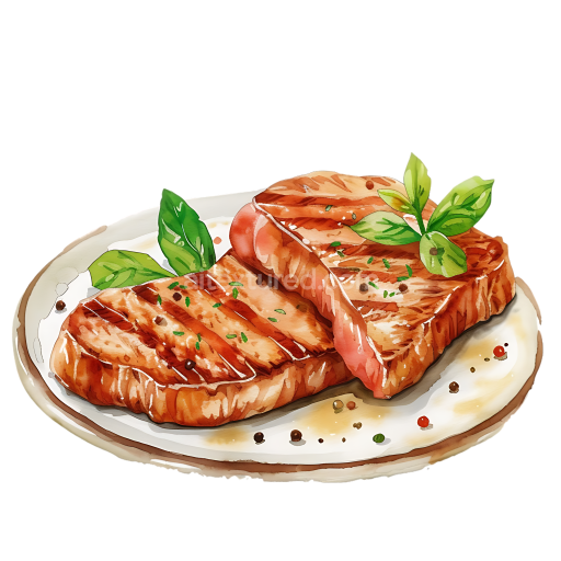 Grilled Pork Loin Steak Breakfast Illustration with Fresh Herbs