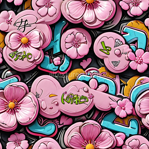 Seamless 3D PBR Texture of Pink Floral Graffiti with Blue and Yellow Accents