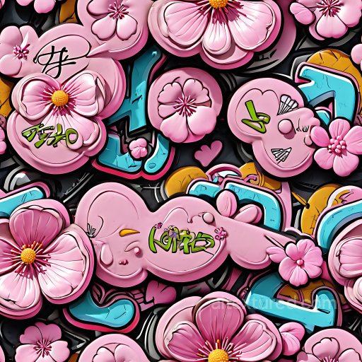 Seamless 3D PBR Texture of Pink Floral Graffiti with Blue and Yellow Accents texture preview