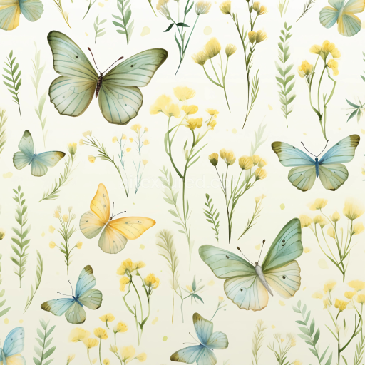 Seamless 3D PBR Watercolor Butterflies Fabric Texture with Delicate Floral Pattern
