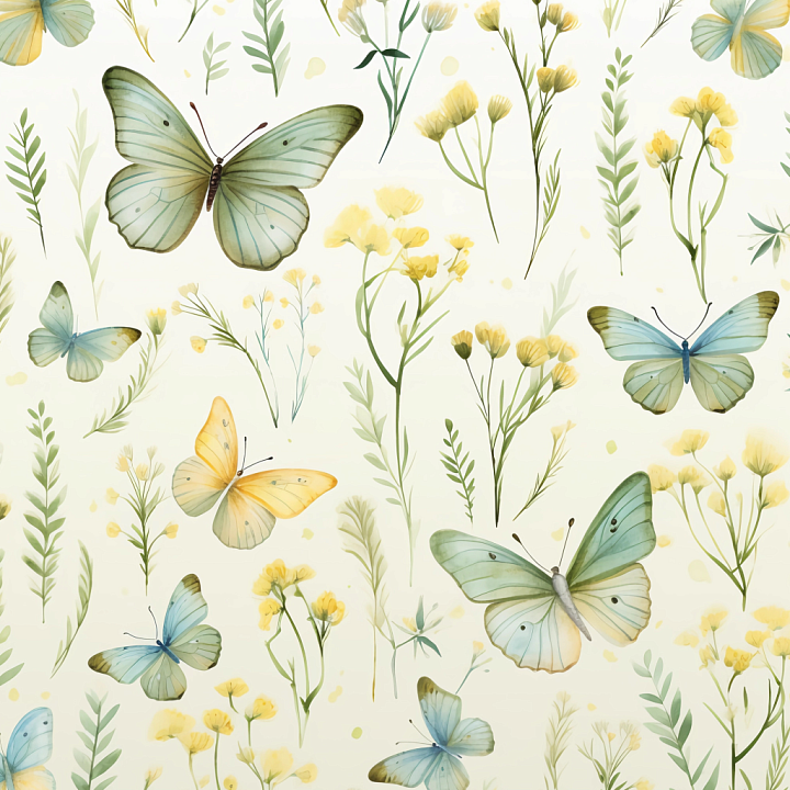 Watercolor Butterflies Fabric with Delicate Floral Pattern seamless PBR texture preview
