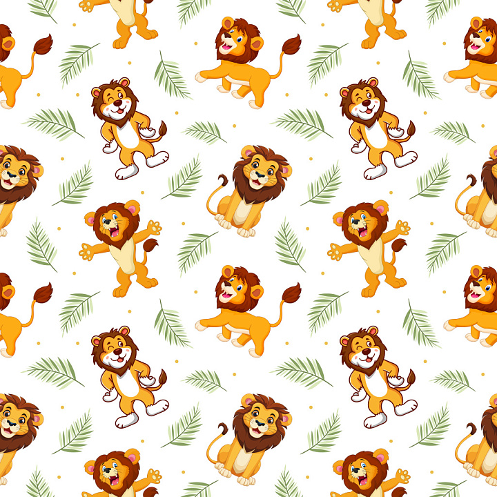 Pattern with Playful Cartoon Lion Motifs and Palm Leaf Accents seamless PBR texture preview