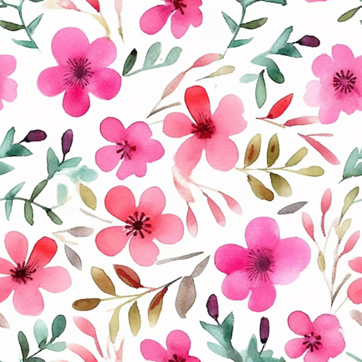 Pink Watercolor Floral Fabric with Soft Green Leaves seamless PBR texture preview