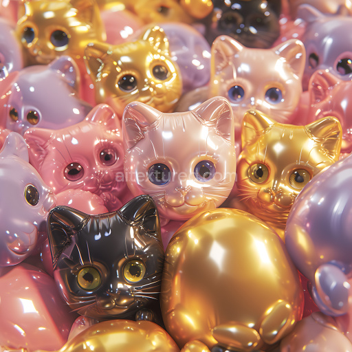 Seamless 3D Inflated Foil Balloon Texture Featuring Cat Faces in Metallic Colors