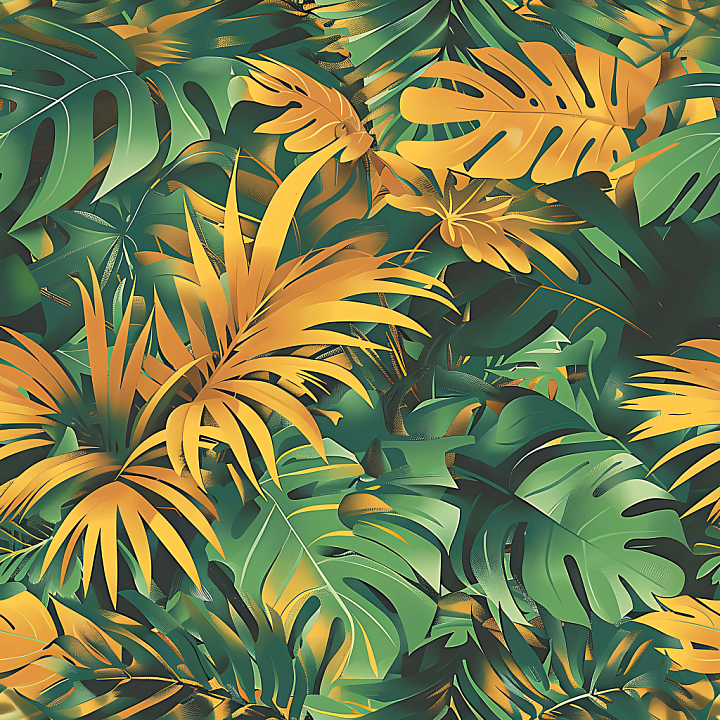 Tropical Jungle Leaf Camouflage with Vibrant Green and Golden Yellow Pa… seamless PBR texture preview