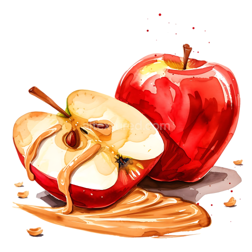 Watercolor Style Apple Slices with Peanut Butter for Breakfast