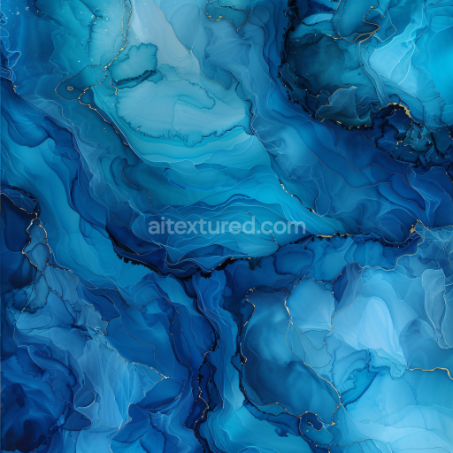 Seamless 3D Alcohol Ink PBR Texture Featuring Deep Blue Fluid Waves and Gold Veins