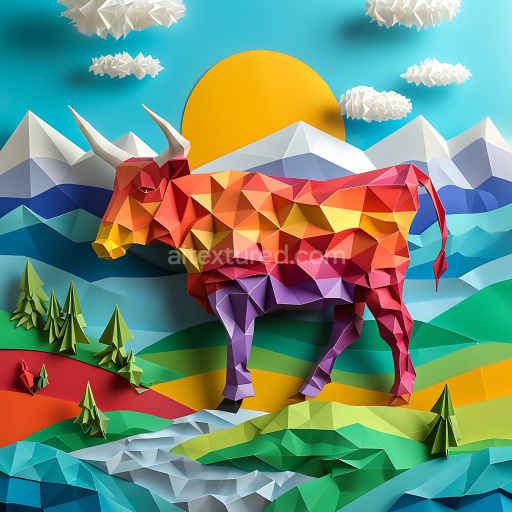 Seamless 3D PBR texture of a colorful geometric Highland cow in stylized landscape