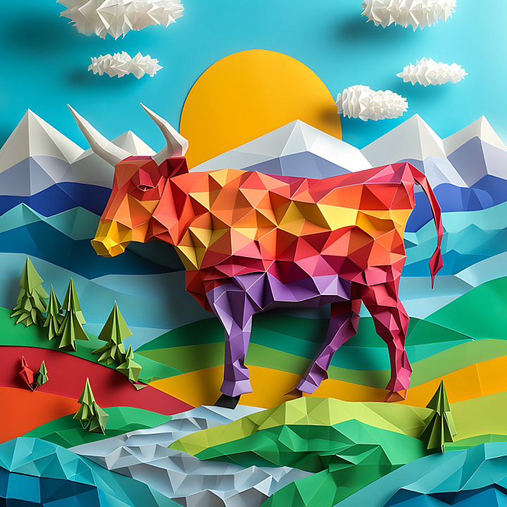 Of A Colorful Geometric Highland Cow In Stylized Landscape seamless PBR texture preview