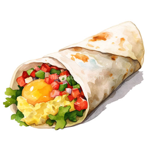 Watercolor Breakfast Burrito with Scrambled Eggs, Salsa, and Lettuce Illustration