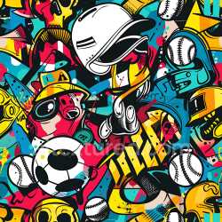 seamless Seamless 3D PBR Texture of Vibrant Sports-Themed Graffiti Art with Baseball and Soccer texture 8k free download PBR