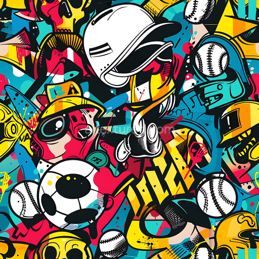 Seamless 3D PBR Texture of Vibrant Sports-Themed Graffiti Art with Baseball and Soccer