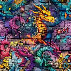 seamless Seamless 3D PBR Texture Featuring Vibrant Graffiti Dragons on Brick Wall texture 8k free download PBR