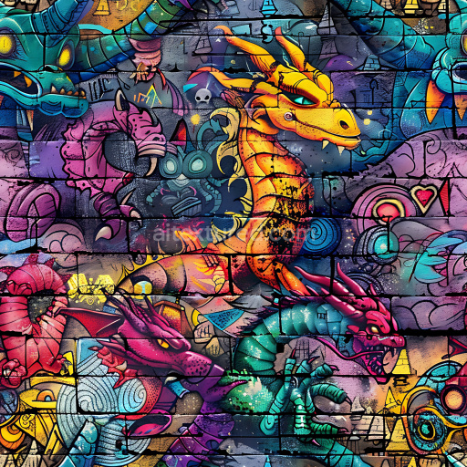 Seamless 3D PBR Texture Featuring Vibrant Graffiti Dragons on Brick Wall