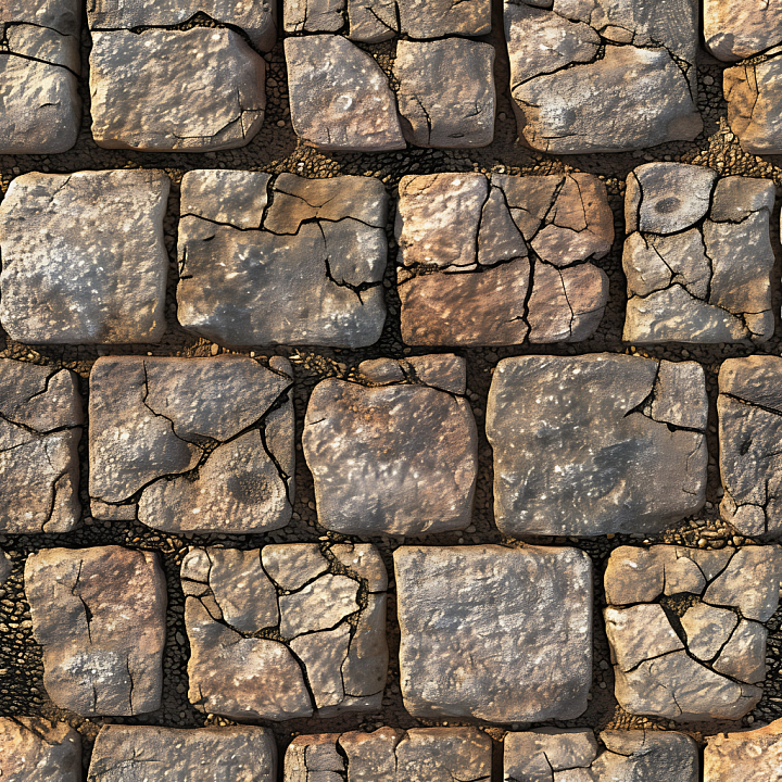 Stone Pavement with Cracked Weathered Blocks in Warm Tones Asphalt seamless PBR texture preview