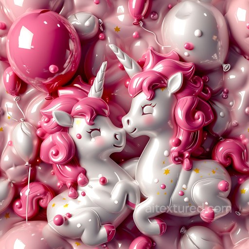 Inflated PBR Texture Featuring Pink & White Vinyl Unicorns with Balloons seamless Inflated PBR texture