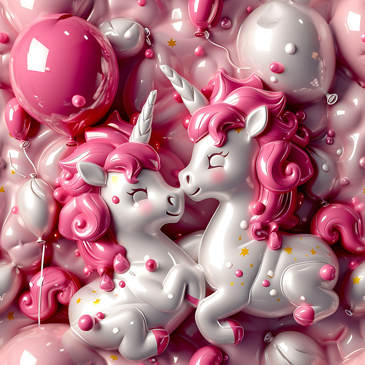 Inflated Featuring Glossy Pink and White Balloons with Unicorn Motifs seamless PBR texture preview