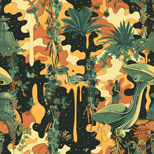 Seamless 3D Stylized Jungle Camouflage PBR Texture with Organic Flora Elements