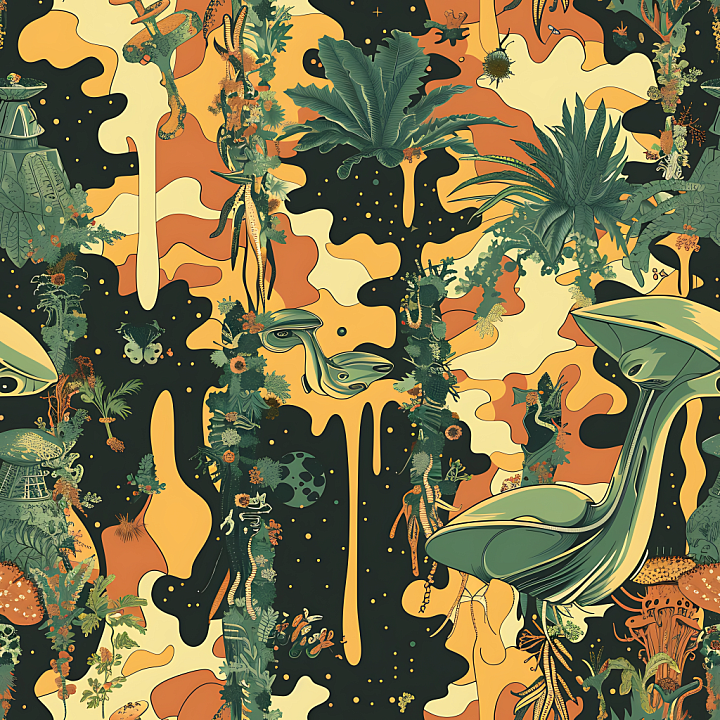 Stylized Jungle Camouflage with Organic Flora Elements seamless PBR texture preview