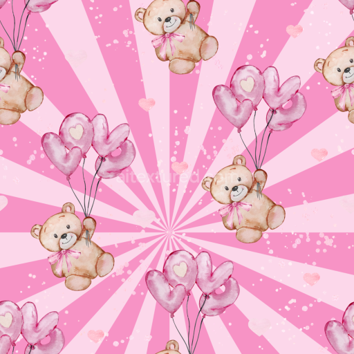 Seamless 3D PBR Texture Featuring Pink Teddy Bears and Balloon Hearts