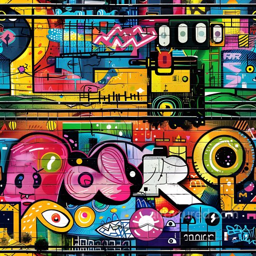Seamless 3D PBR Texture Featuring Vibrant Abstract Graffiti on Brick Wall texture preview