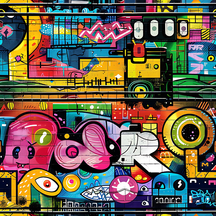 Featuring Vibrant Abstract Graffiti on Brick Wall seamless PBR texture preview