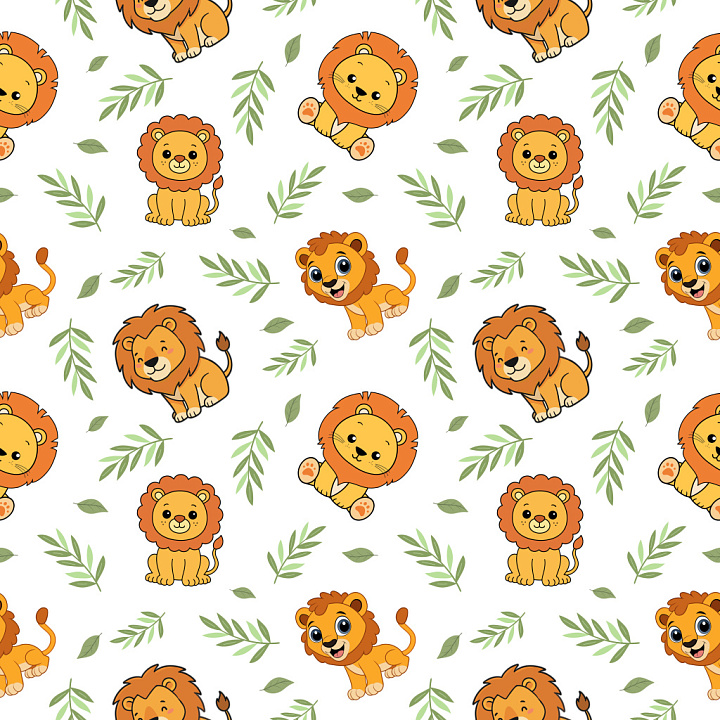 with Cute Cartoon Lion and Leaf Pattern seamless PBR texture preview