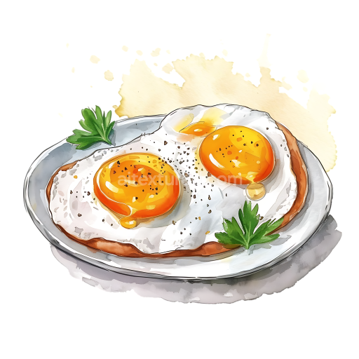Watercolor Illustration of Shirred Eggs on Plate with Parsley Garnish - Breakfast Food Graphic