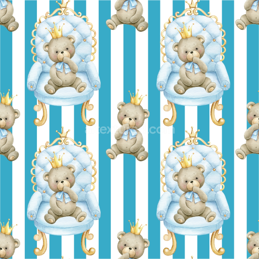 Seamless 3D PBR Texture of Cute Teddy Bears on Blue Striped Fabric