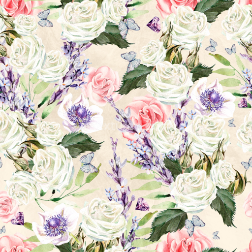 Seamless 3D PBR Floral Watercolor Fabric Texture with Roses and Butterflies