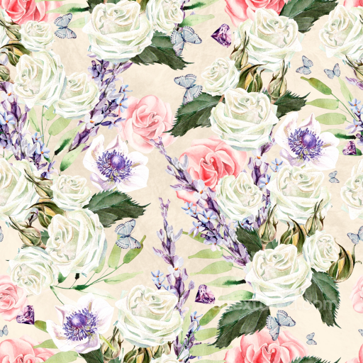 Floral Watercolor Fabric Texture with Roses and Butterflies seamless Flower PBR texture