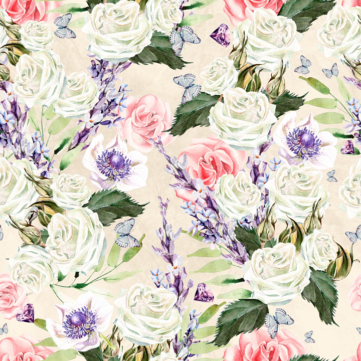 Floral Watercolor Fabric with Roses and Butterflies seamless PBR texture preview