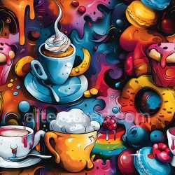 seamless Seamless 3D PBR Graffiti Texture Featuring Colorful Coffee Cups and Dessert Illustrations texture 8k free download PBR