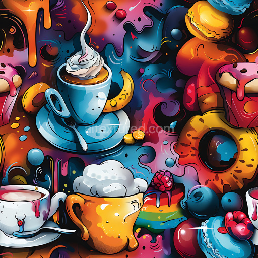 Seamless 3D PBR Graffiti Texture Featuring Colorful Coffee Cups and Dessert Illustrations