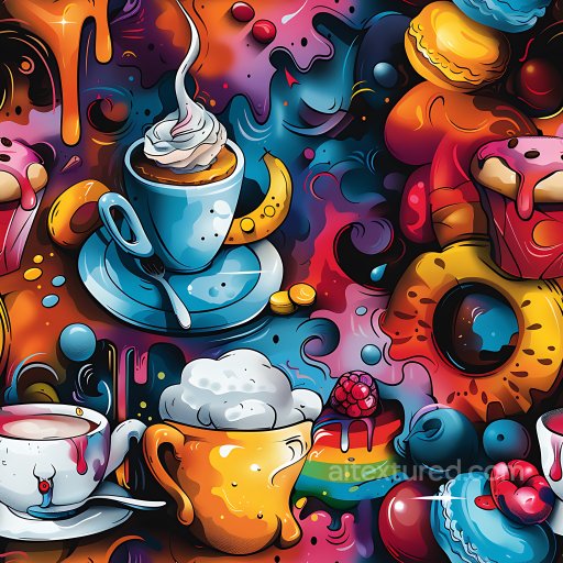 Seamless 3D PBR Graffiti Texture Featuring Colorful Coffee Cups and Dessert Illustrations texture preview