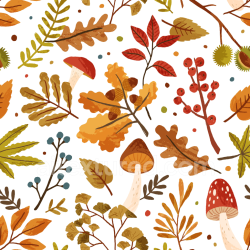 seamless Seamless 3D PBR Texture Featuring Illustrated Autumn Leaves and Mushrooms Pattern texture 8k free download PBR