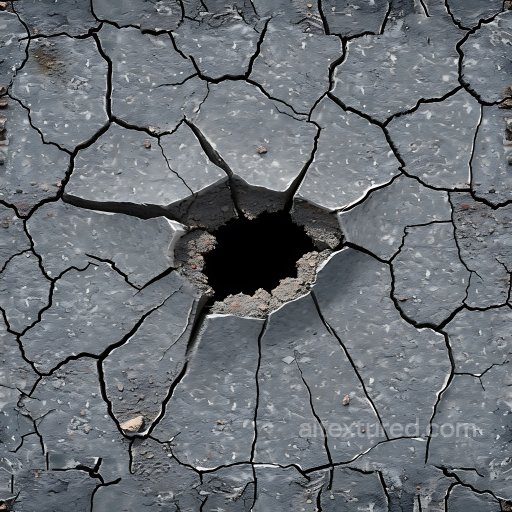Cracked & Holes Texture of Gray Cracked Concrete Surface with Central Hole seamless Cracked & Holes PBR texture