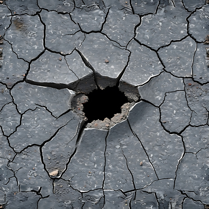 Cracked & Holes of Gray Cracked Concrete Surface with Central Hole seamless PBR texture preview