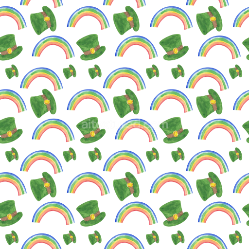 Seamless 3D PBR Texture Featuring Green Leprechaun Hats and Vibrant Rainbows