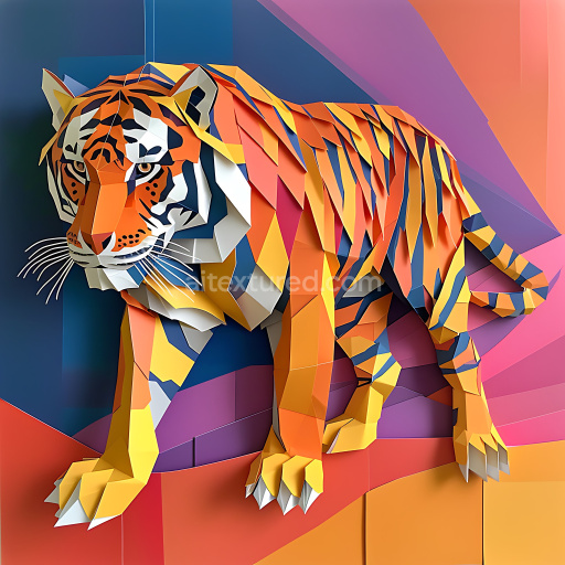 Seamless 3D PBR Texture Featuring Stylized Bengal Tiger Origami Design with Bold Color Blocks