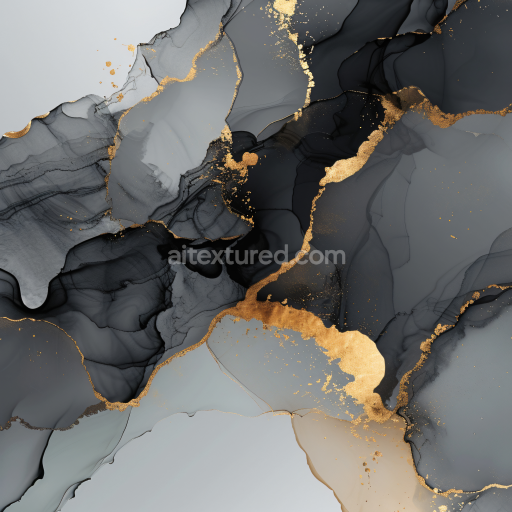 Seamless 3D Alcohol Ink PBR Texture Featuring Black and Gold Marbling with Fluid Veins