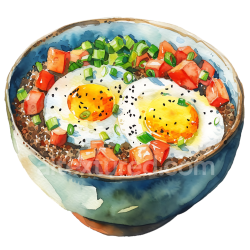 seamless Watercolor Breakfast Bowl with Quinoa, Fried Eggs, Tomatoes, and Green Onions texture 8k free download PBR