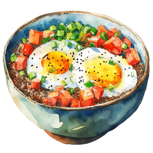 Watercolor Breakfast Bowl with Quinoa, Fried Eggs, Tomatoes, and Green Onions