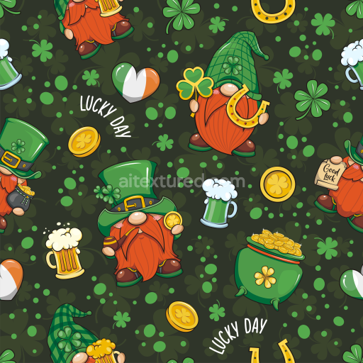 Seamless St Patrick cartoon 3D PBR texture with leprechauns and themed icons