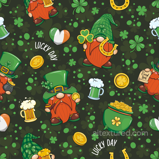 Seamless St Patrick cartoon 3D PBR texture with leprechauns and themed icons seamless St patrick PBR texture