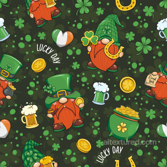 Seamless St Patrick cartoon 3D PBR texture with leprechauns and themed icons St patrick texture preview
