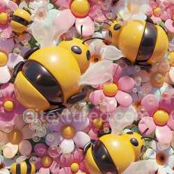 seamless Seamless 3D Inflated Vinyl PBR Texture Featuring Glossy Yellow Bees and Pastel Flowers texture 8k free download PBR